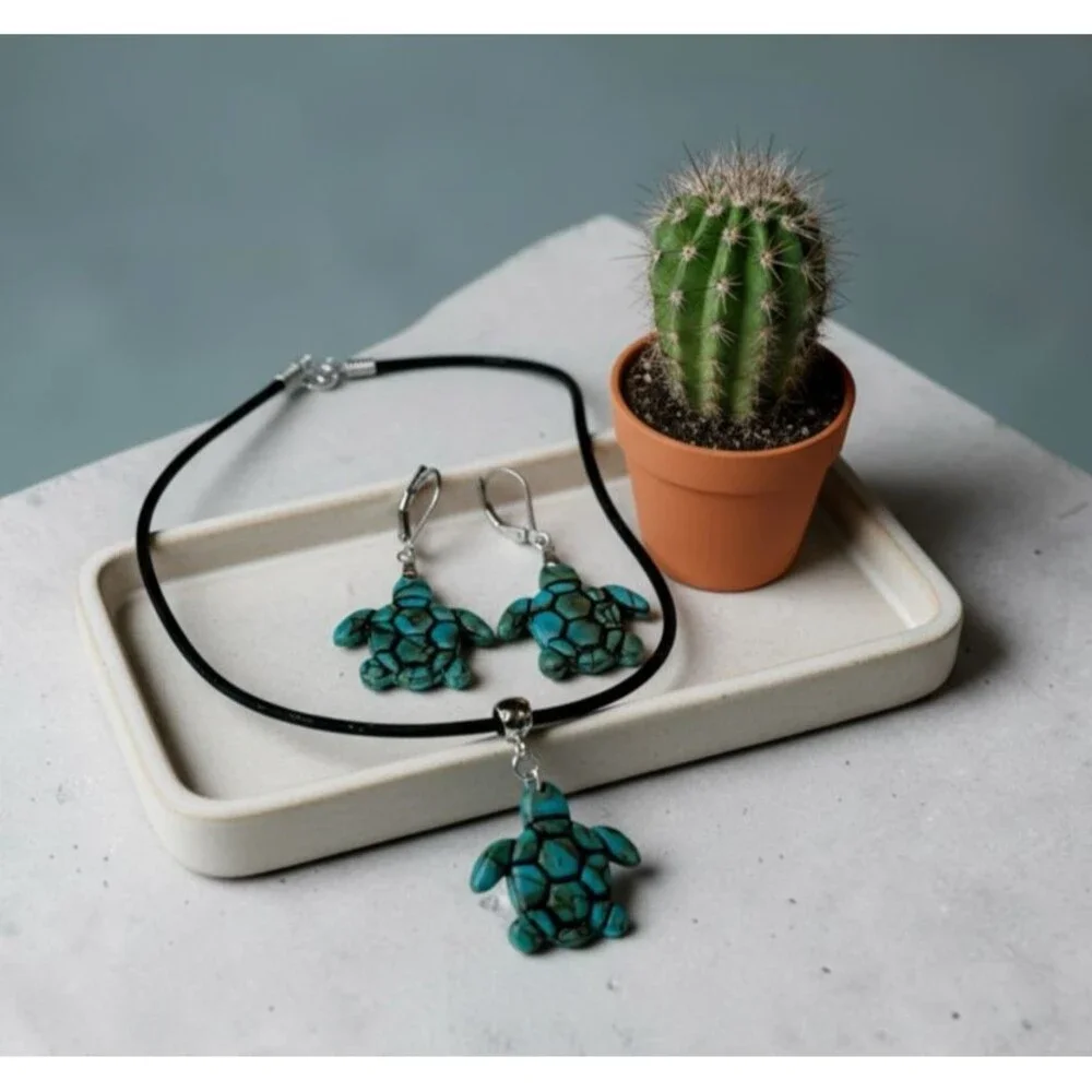 Faux Turquoise Turtle Polymer Clay Southwestern Pendant Necklace & Earring Set